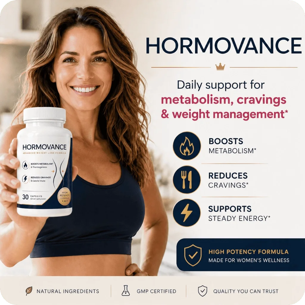 Woman holding a Hormovance bottle for daily support with metabolism, cravings and weight management
