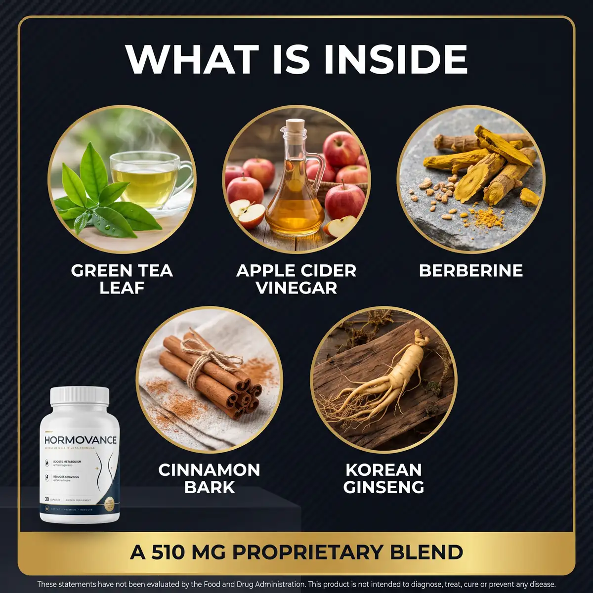 What is inside Hormovance: green tea leaf, apple cider vinegar, berberine, cinnamon bark and Korean ginseng in a 510 mg proprietary blend