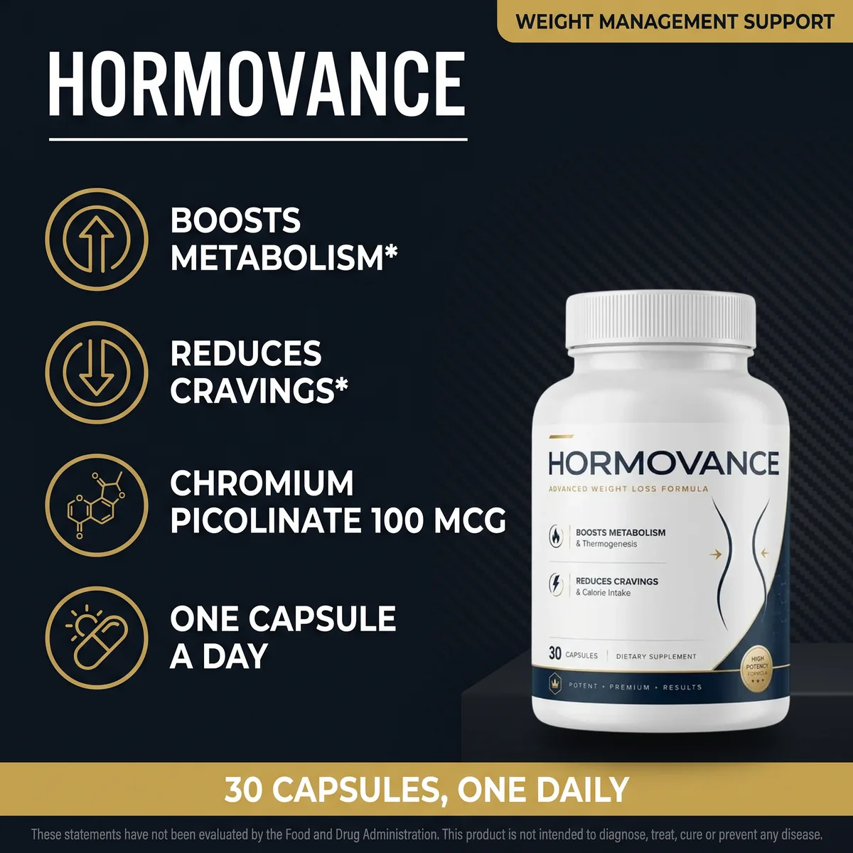 Hormovance weight management support: boosts metabolism, reduces cravings, chromium picolinate, one capsule a day