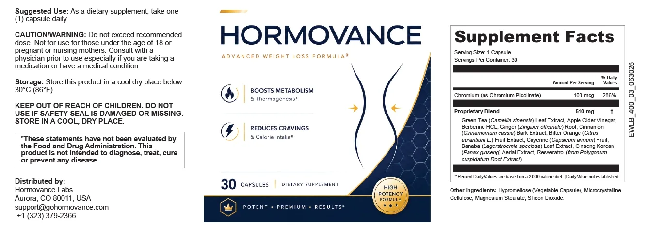 Hormovance Supplement Facts panel and label